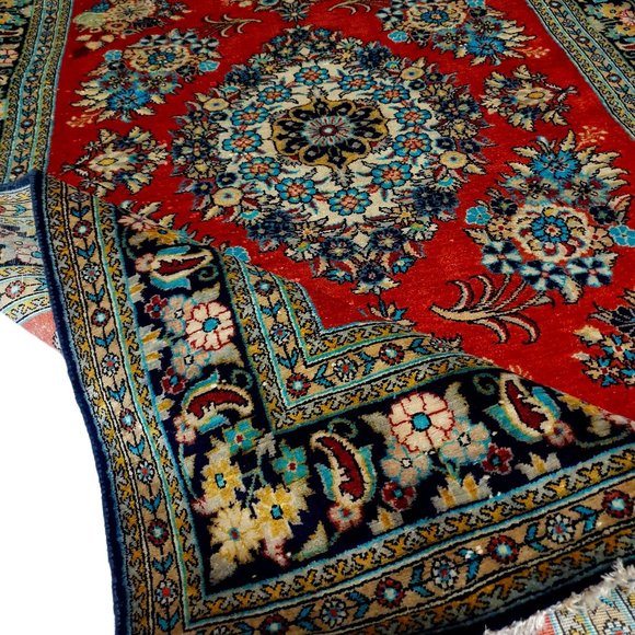 Rare 1950 Semi Antique Red Aqua Black 5x3 Persian Maragheh Qum Rug 100% Silk - Picture 1 of 5
